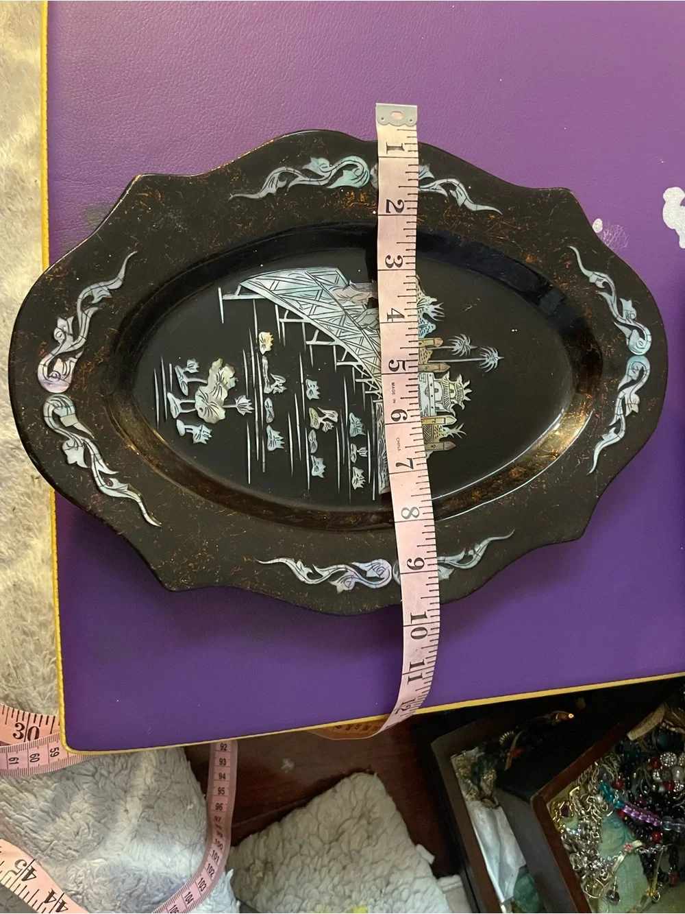 Hand-Painted Black Lacquer Decorative Serving Trays with Mother-of-Pearl Inlay
